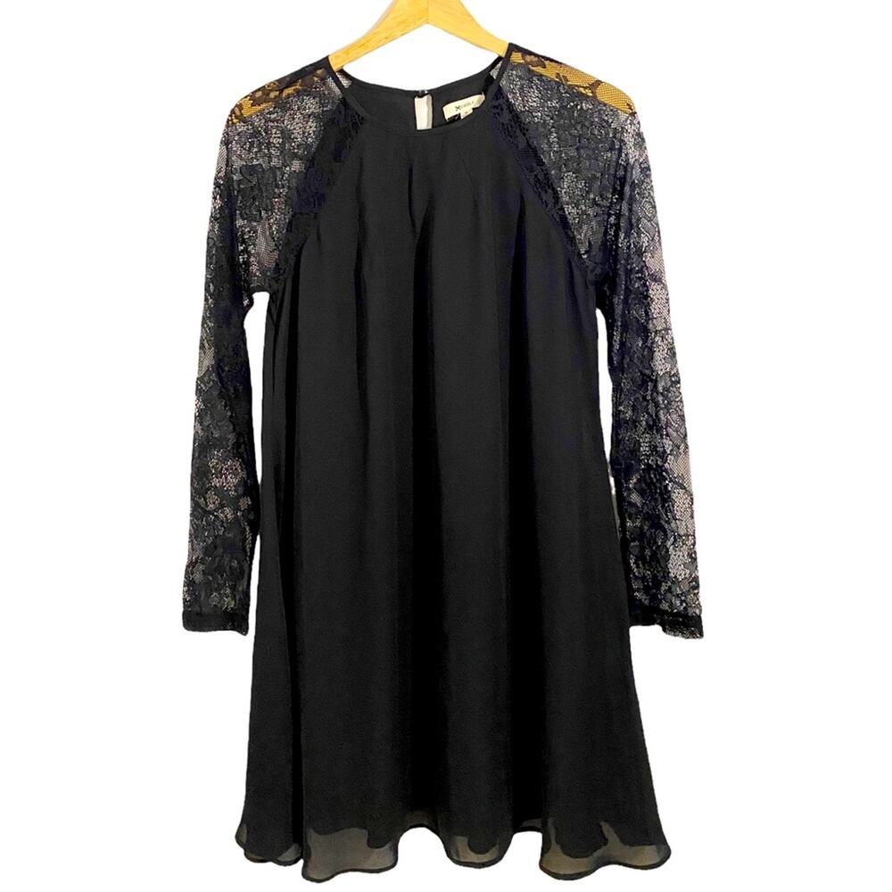 Everly Black A-Line Dress With Long Floral Lace Sleeves, Size Medium